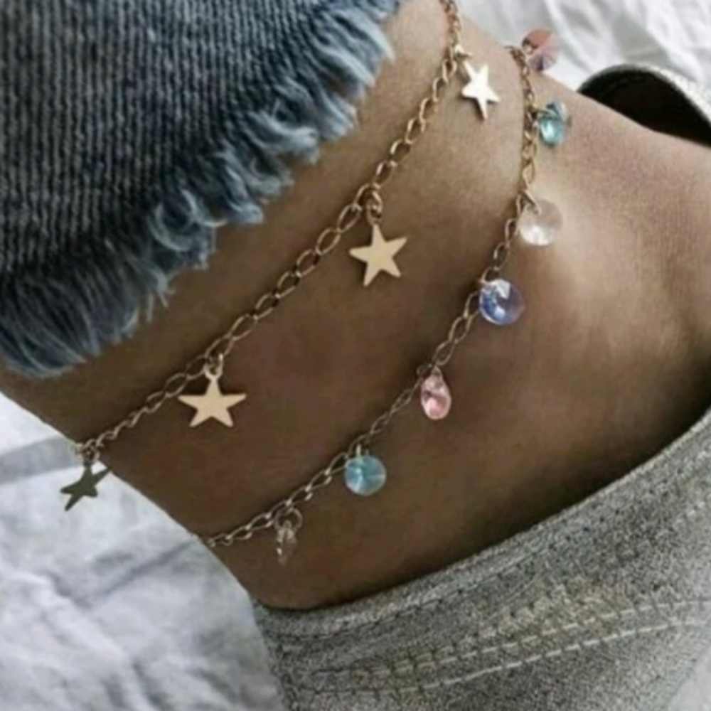 NEW Layered Rhinestone Star Charm Ankle Bracelet